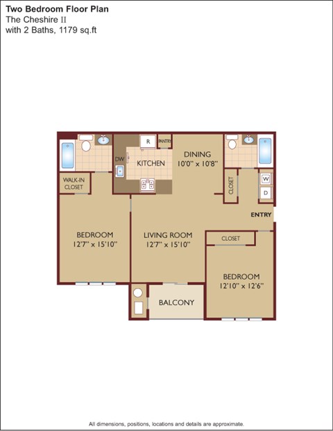 Floor plan for 2 beds, 2 baths, 1170 sqft